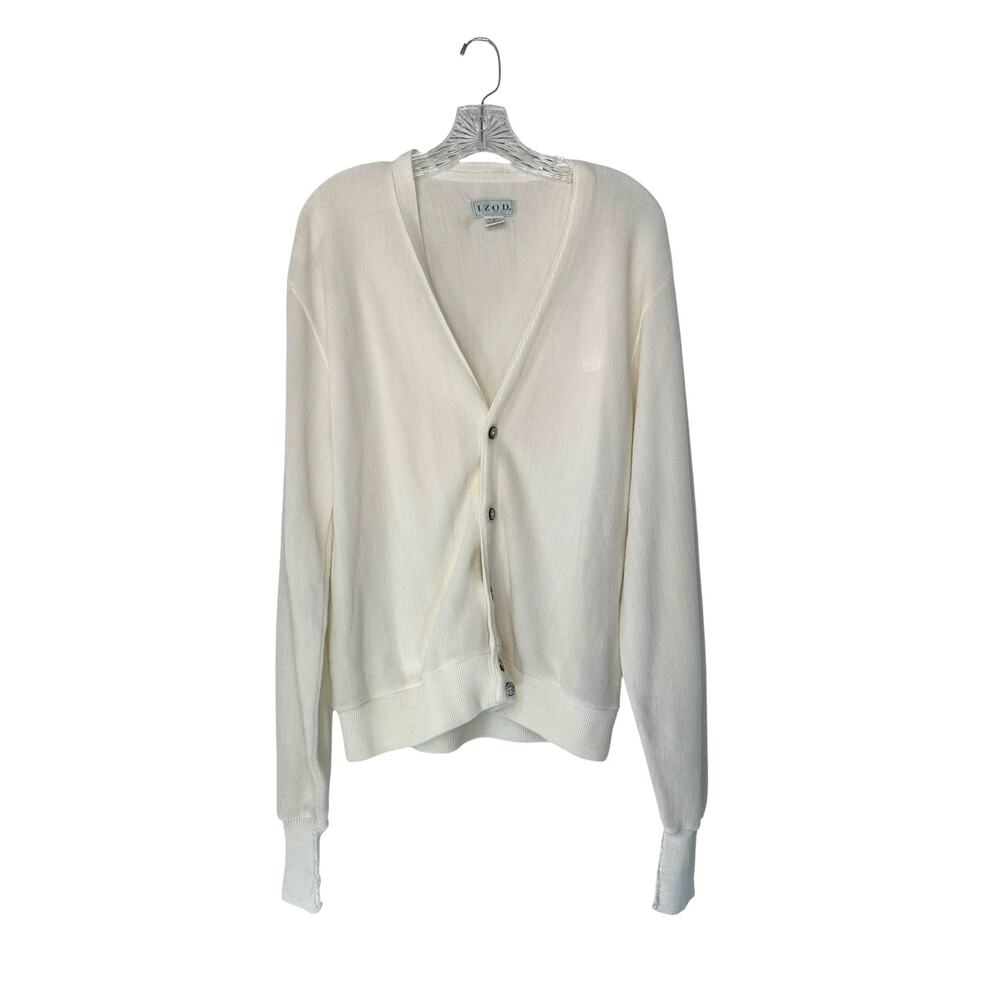 Izod‎ Cardigan Men's Basic White Vintage Academia Preppy Button Up Knit Medium